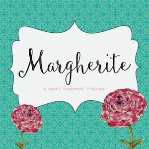 May include: A white label with a black handwritten font that says "Margherita" and "A Sweet Handmade Typeface". The label is surrounded by a turquoise background with a floral pattern. Two pink flowers with green stems are on either side of the label.