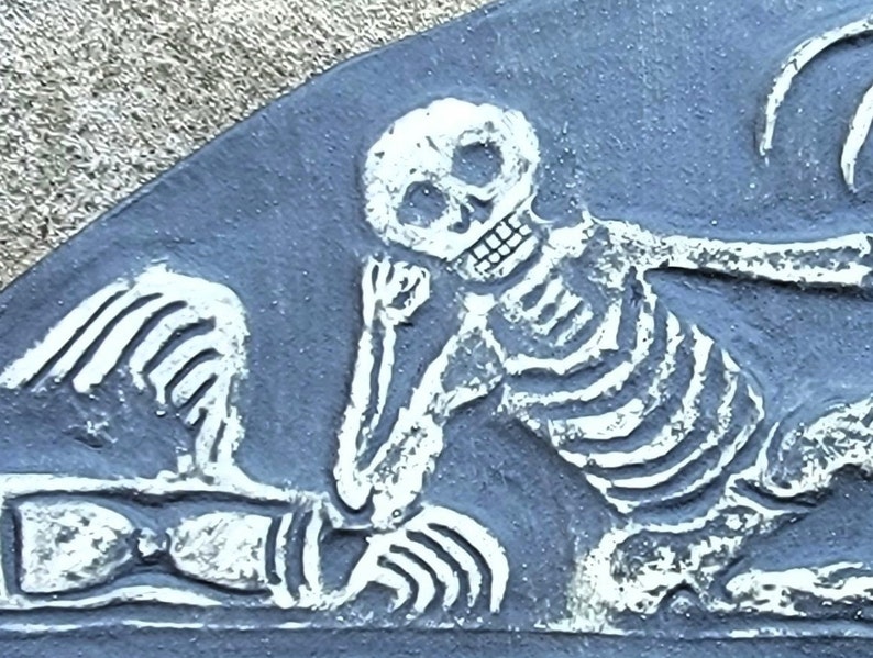 1700's Reproduction of Reclining Skeleton Gravestone Carving Memento Mori, Death Positive Art image 4