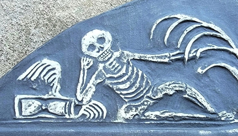 1700's Reproduction of Reclining Skeleton Gravestone Carving Memento Mori, Death Positive Art image 3