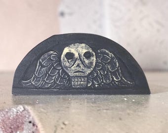 Tiny Winged Skull Gravestone Tile: Colonial Connecticut Memento Mori