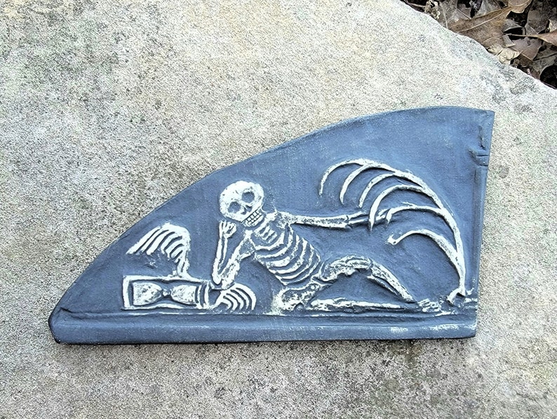 1700's Reproduction of Reclining Skeleton Gravestone Carving Memento Mori, Death Positive Art image 1