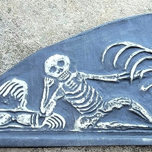 1700's Reproduction of Reclining Skeleton Gravestone Carving Memento Mori, Death Positive Art image 2