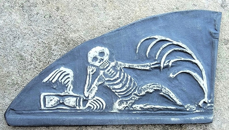 1700's Reproduction of Reclining Skeleton Gravestone Carving Memento Mori, Death Positive Art image 2