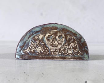 Tiny Winged Death Head Gravestone Imprint in Kiln Fired Clay - Memento Mori, Colonial Connecticut - Reproduction Model Created on CNC Router