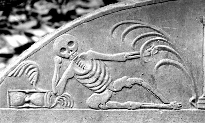 1700's Reproduction of Reclining Skeleton Gravestone Carving Memento Mori, Death Positive Art image 6