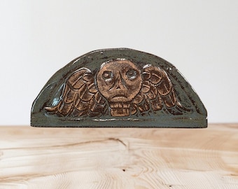Tiny Winged Death Head Gravestone Imprint in Kiln Fired Clay - Memento Mori, Colonial Connecticut - Reproduction Model Created on CNC Router