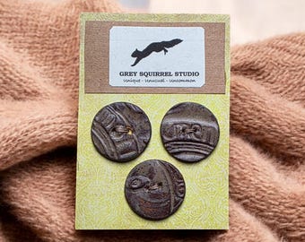 Set of Three Round, Oversized Buttons for Crafts / Clothing - Thin Cut, Clay Buttons Featuring Image from Early 1800's Gravestone Model