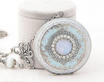 Large Victorian Opalite Locket, Czech Crystal Rhinestones, Optional Photo Printing, Silver Locket Pale Aqua Patina, Bridal Wedding Locket