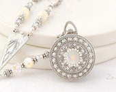 Silver White Mother of Pearl Locket Necklace with Crystals, Bridal Locket Necklace, Wedding Locket, White Locket with Mother of Pearl