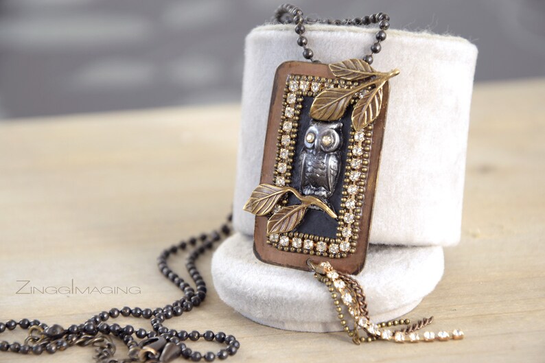 Mixed Metal Woodland Owl Pendant Necklace with Oxidized Brass and Ferrite Ore Rhinestones and Tassel Black Brass Ball Chain