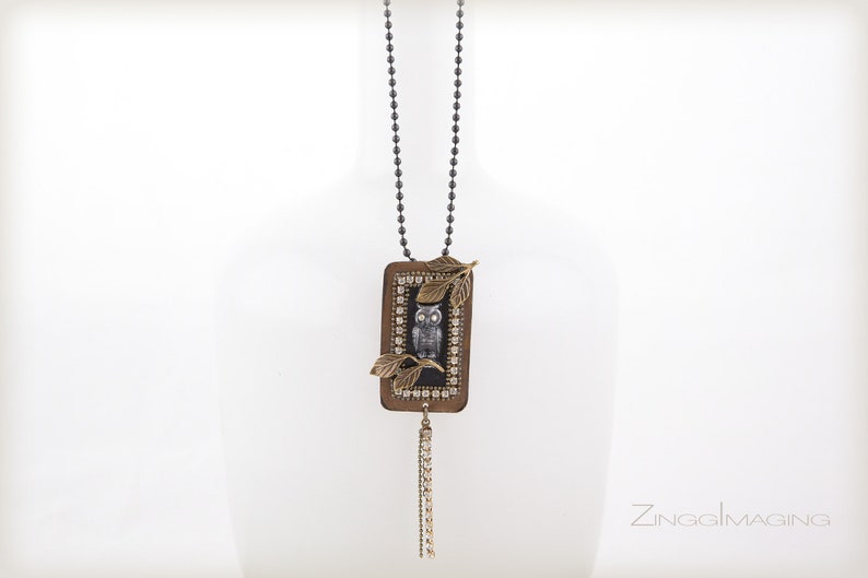 Mixed Metal Woodland Owl Pendant Necklace with Oxidized Brass and Ferrite Ore Rhinestones and Tassel Black Brass Ball Chain