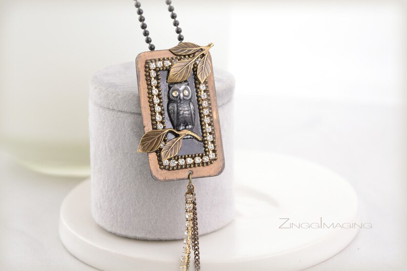 Mixed Metal Woodland Owl Pendant Necklace with Oxidized Brass and Ferrite Ore Rhinestones and Tassel Black Brass Ball Chain