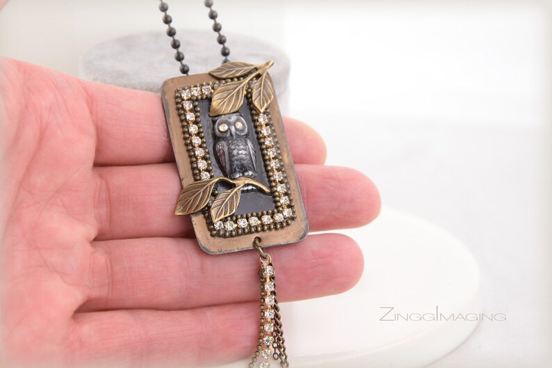 Mixed Metal Woodland Owl Pendant Necklace with Oxidized Brass and Ferrite Ore Rhinestones and Tassel Black Brass Ball Chain