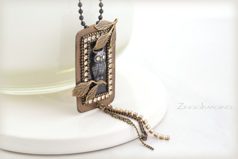 Mixed Metal Woodland Owl Pendant Necklace with Oxidized Brass and Ferrite Ore Rhinestones and Tassel Black Brass Ball Chain