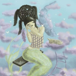Inspirational Painting of a mermaid girl dreaming in the clouds
