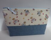 Bear zippered pouch for children accessories/blue zip/blue ribbon/travel accessories/children large zippered pouch