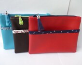 False leather zippered pouch with 2 pockets/printed cotton fabric/accessory bag/tassel