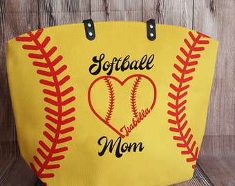 Softball Mom Baseball Heart Personalized Softball Tote Bag Yellow Softball Large Tote Bag Custom Last Name Nickname Number Mother's Day