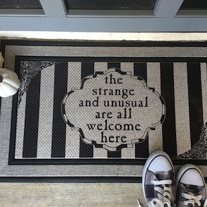 Strange and Unusual Welcome Here Halloween Doormat Housewarming Gift Black White Stripe Door Mat Indoor/Outdoor Welcome Mat Closing Gift