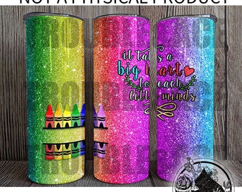 Rainbow Glitter Ombre Teacher Crayon Monogram Design Template for 20 oz Skinny Tumbler Straight and Tapered Download PNG for Sublimation