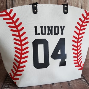 Personalized Baseball Mom Tote Bags White Baseball Bag Large Tote Bag Last Name Nickname Number image 1