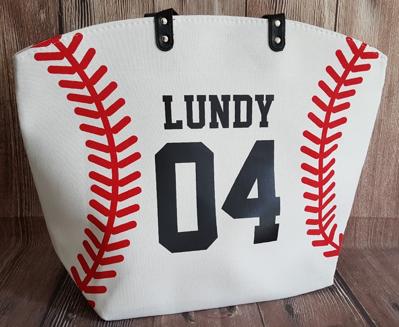 Personalized Baseball Mom Tote Bags White Baseball Bag Large Tote Bag Last Name Nickname Number image 1