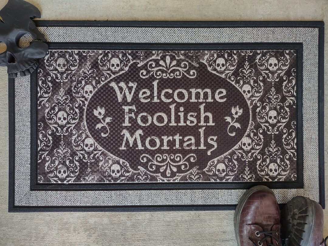 Welcome Foolish Mortals Doormat Black and White Skull Damask Haunted ...