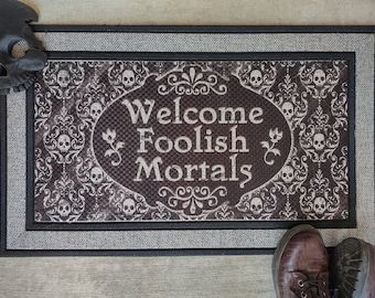 Welcome Foolish Mortals Doormat Black and White Skull Damask Halloween Door Mat 18" x 30" Indoor/Outdoor Welcome Mat Housewarming Gift