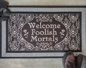 Welcome Foolish Mortals Doormat: Skull Damask Halloween Decor