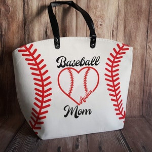 Baseball Mom Heart Personalized Baseball Tote Bag White Baseball Bag Large Tote Bag Custom Last Name Nickname Number for Mother&#39;s Day