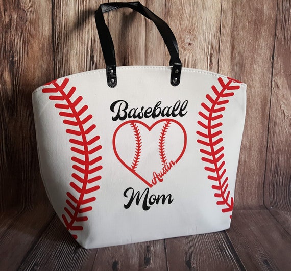 Baseball Mom Heart Personalized Baseball Tote Bag White Baseball