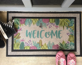 Welcome Mat Succulent Doormat 18" x 30" Indoor/Outdoor Doormat Watercolor Pastel Succulent Plants Frame Welcome Doormat
