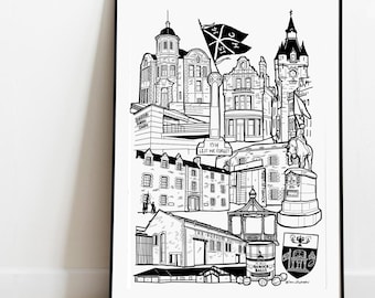 Hawick Landmark illustration print. Hawick town, Hawick gift, Scottish Borders