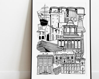 Dundee Landmark illustration print. Dundee skyline gift