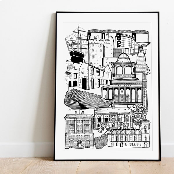 Dundee Landmark illustration print. Dundee skyline gift