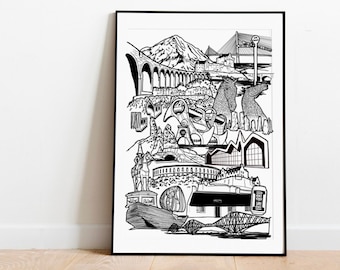 Scotland Landmark illustration print. Scotland skyline, Scotland Gift Scottish gift