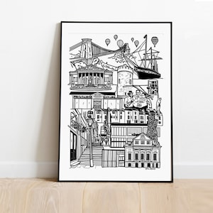 Bristol Landmark illustration print. Bristol skyline, City of Bristol Gift, Bristol city