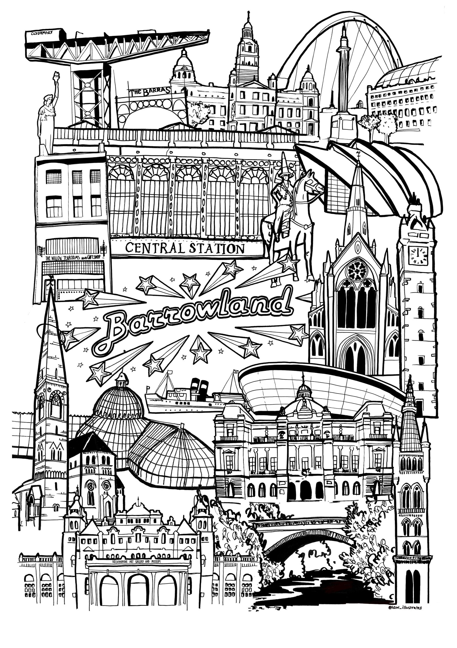 Glasgow Landmark Illustration Print. Glasgow Skyline Gift for Etsy UK