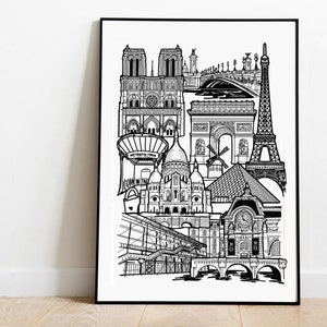Paris city print. Paris skyline, Paris Travel print illustration, Paris wall art.