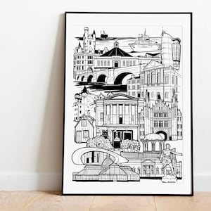 Aberdeen Landmark illustration print. Aberdeen skyline, Gift for Aberdonian. Scottish gift