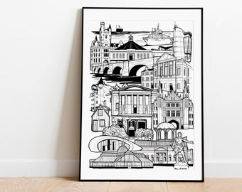 Aberdeen Landmark illustration print. Aberdeen skyline, Gift for Aberdonian. Scottish gift