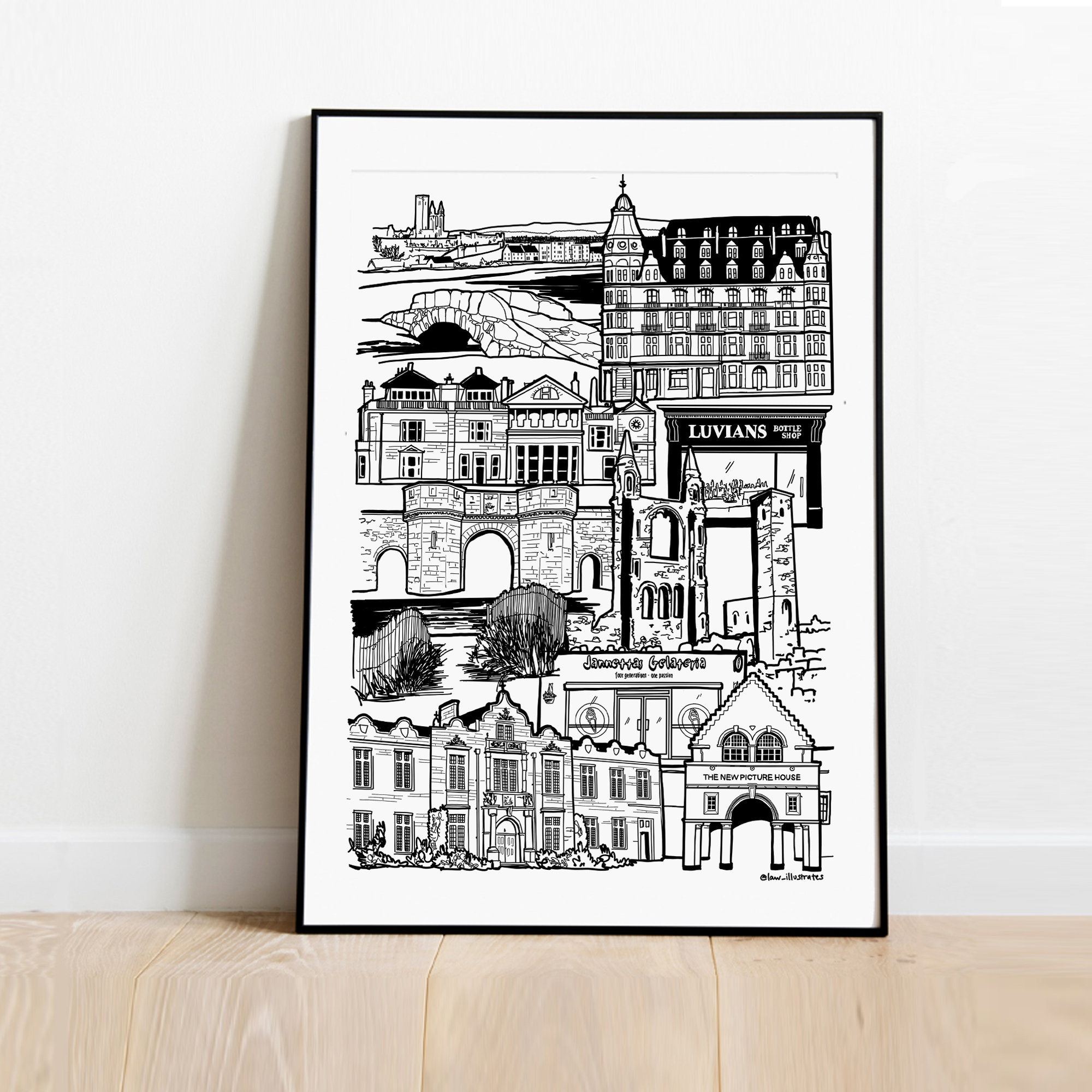 St Andrews Landmark illustration print. St Andrews skyline, Gift for Fife. Scottish gift, Fife art