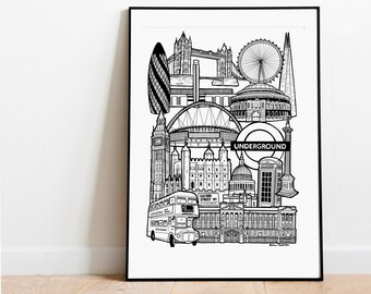 London Landmarks Print: Black and White Skyline Art
