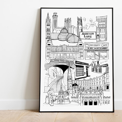 Glasgow West End Landmark Illustration Print. Glasgow Skyline Etsy