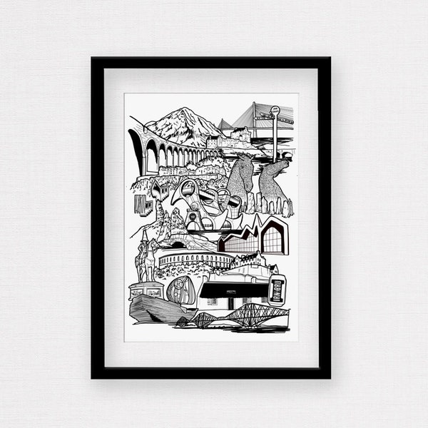 Framed Scotland Landmark illustration print. Framed Print Scotland skyline, Scottish Gift. Scottish art