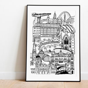 Glasgow Landmark illustration print. Glasgow skyline, Gift for Glaswegian. Scottish gift