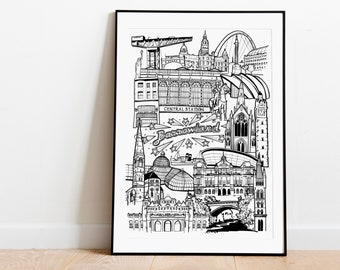 Glasgow Landmark illustration print. Glasgow skyline, Gift for Glaswegian. Scottish gift