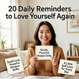 May include: A set of square cards featuring the text 20 Daily Reminders to Love Yourself Again, Smalle, Powerful Mindset Shifts, and A Little Self-Love for Every Day. The cards have a light cream background with a distressed border design.