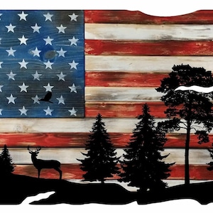 May include: Wooden wall art featuring the American flag with a distressed look. The flag design incorporates a forest silhouette with trees, a deer, and flying birds. The color palette includes red, white, blue, and black.