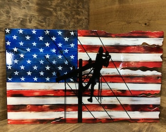 Lineman American Flag Tattered wood look